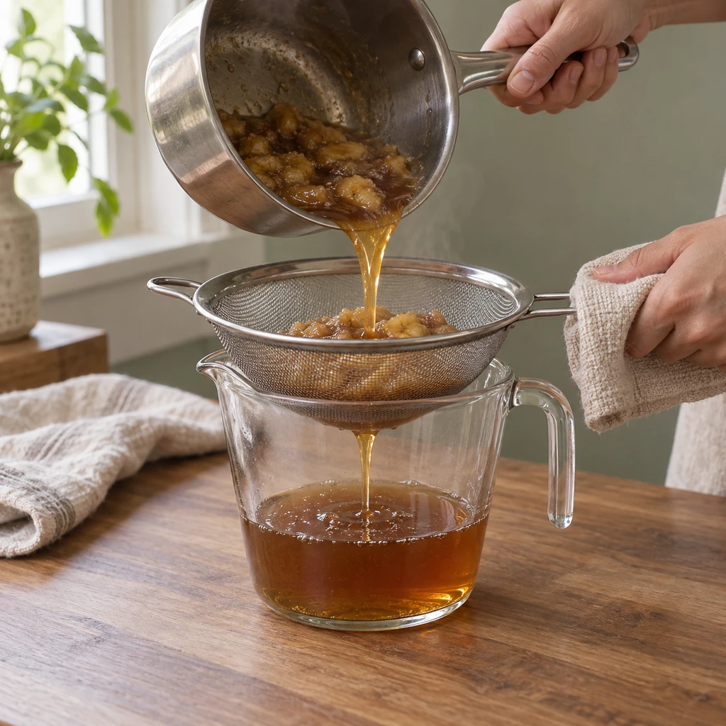 Cooked banana syrup being poured through a fine-mesh strainer into a glass jug