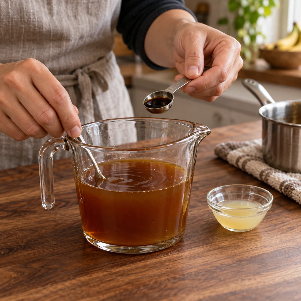 Vanilla being measured into smooth strained banana syrup with lemon juice beside the jug