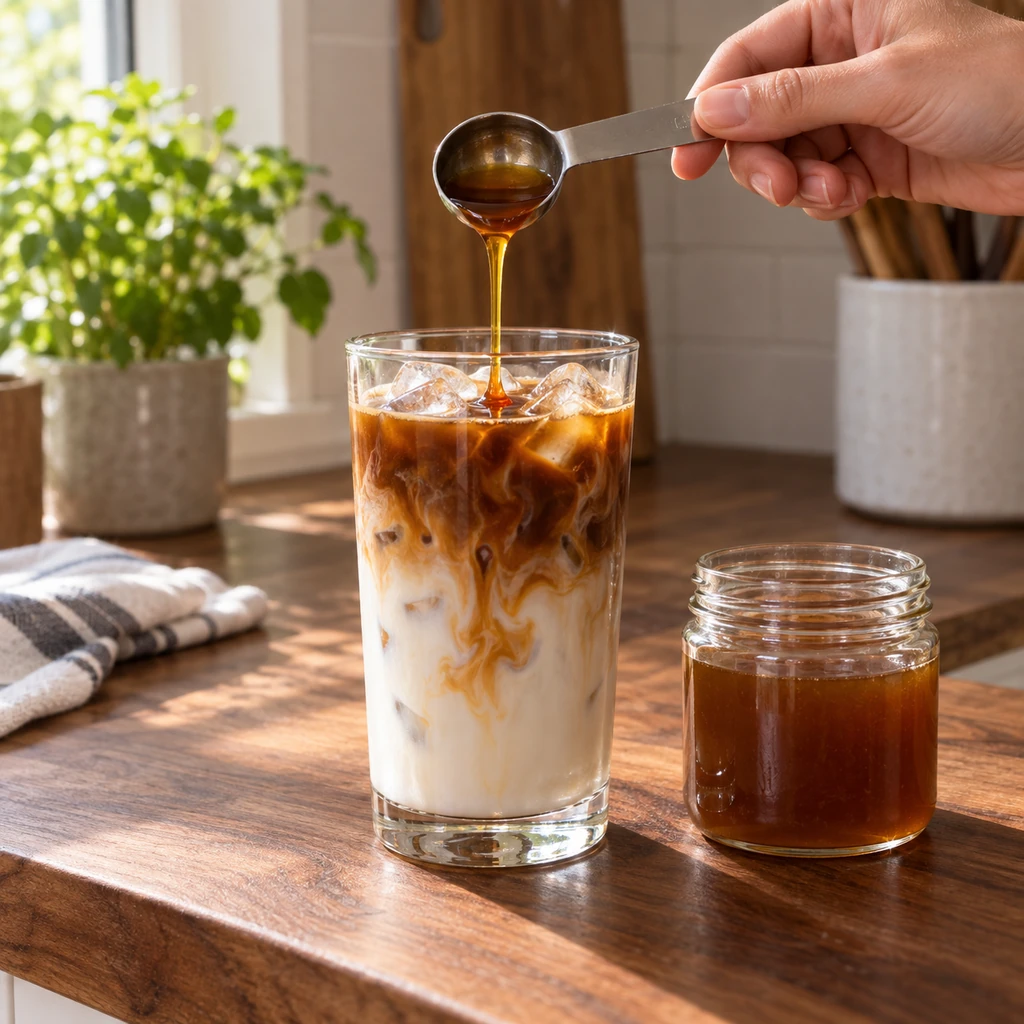 One tablespoon of smooth banana syrup being poured into a single iced latte