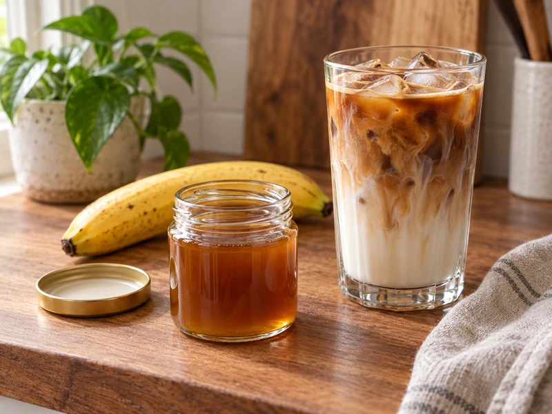 Smooth brown sugar banana syrup beside one iced latte and one ripe banana