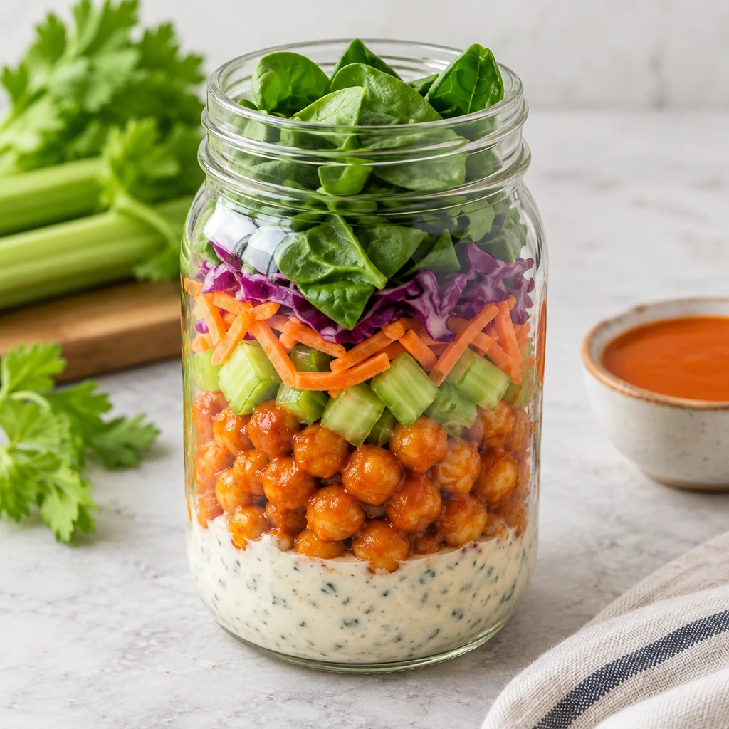 Buffalo chickpea mason jar salad with celery carrots cabbage and spinach