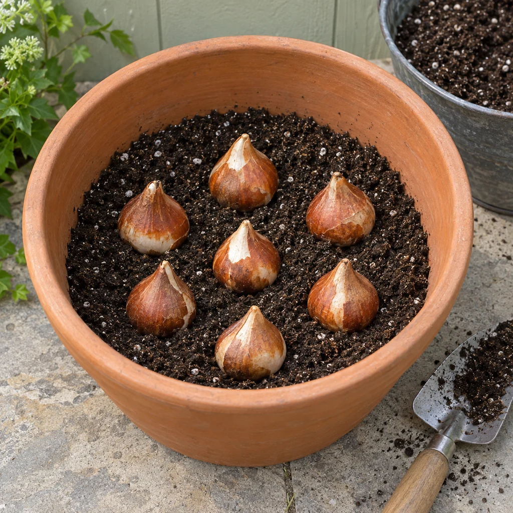 Seven tulip bulbs arranged point-up on the deepest soil layer in a wide terracotta pot