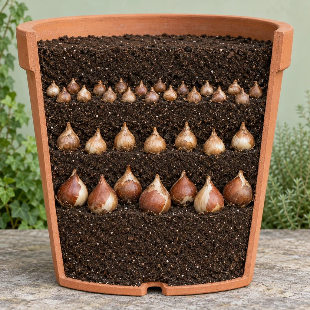 Cutaway view of a bulb lasagna pot with large, medium, and small bulbs in three soil layers