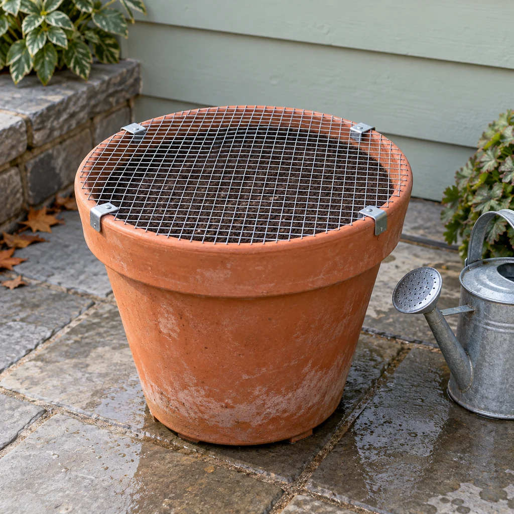 Watered dormant bulb pot protected with removable hardware cloth secured by four clips