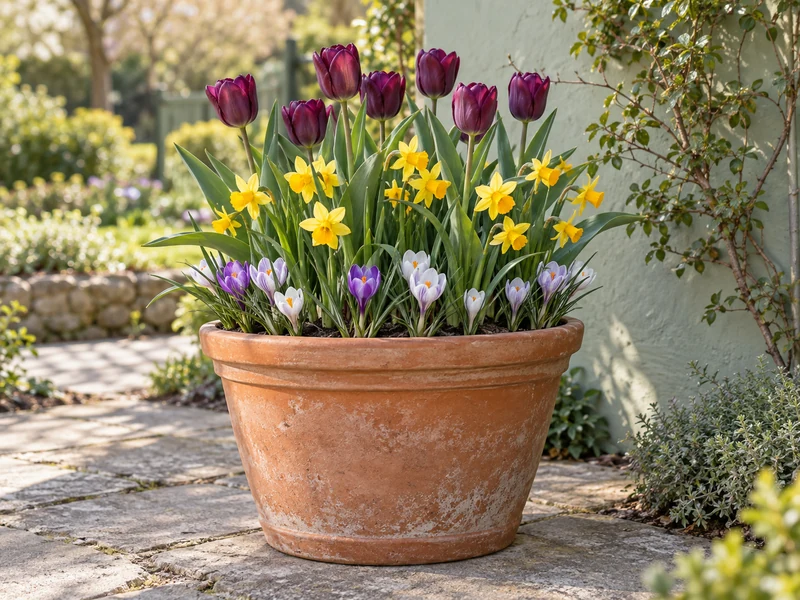 Finished bulb lasagna pot with plum tulips, yellow miniature daffodils, and purple-white crocuses