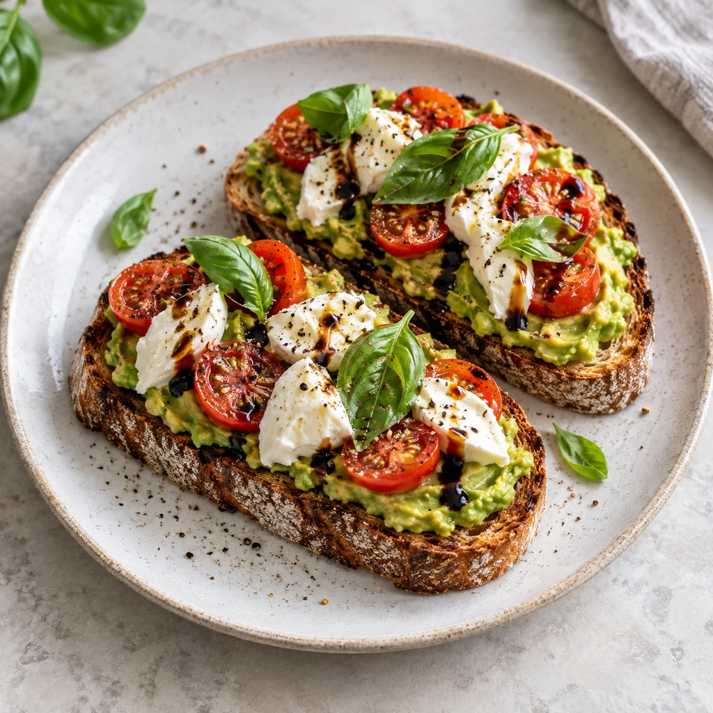 Caprese avocado toast with cherry tomatoes, fresh mozzarella, basil, and balsamic glaze