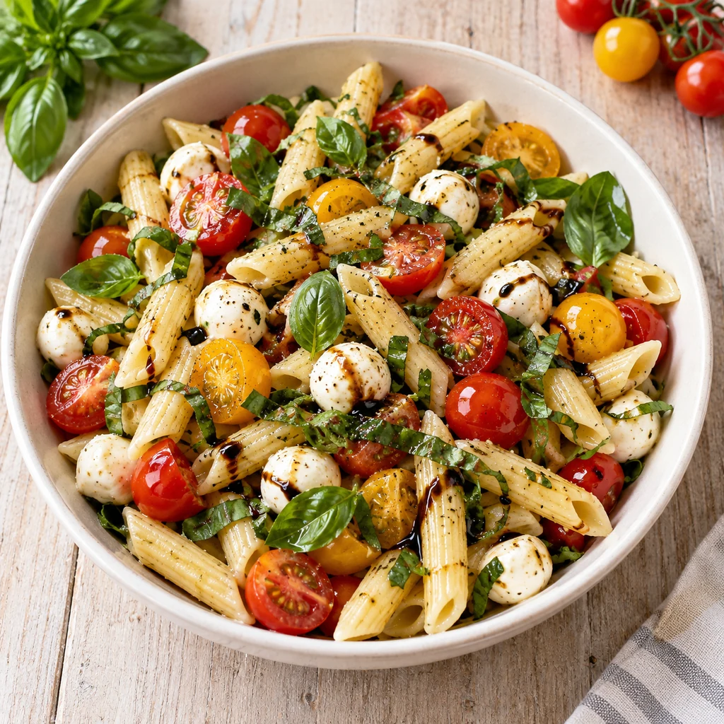 Caprese penne pasta salad with cherry tomatoes, mozzarella pearls, basil, and balsamic glaze.