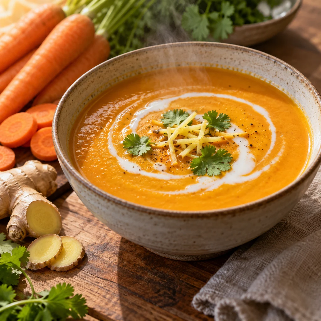 Creamy carrot ginger soup with coconut milk and fresh ginger