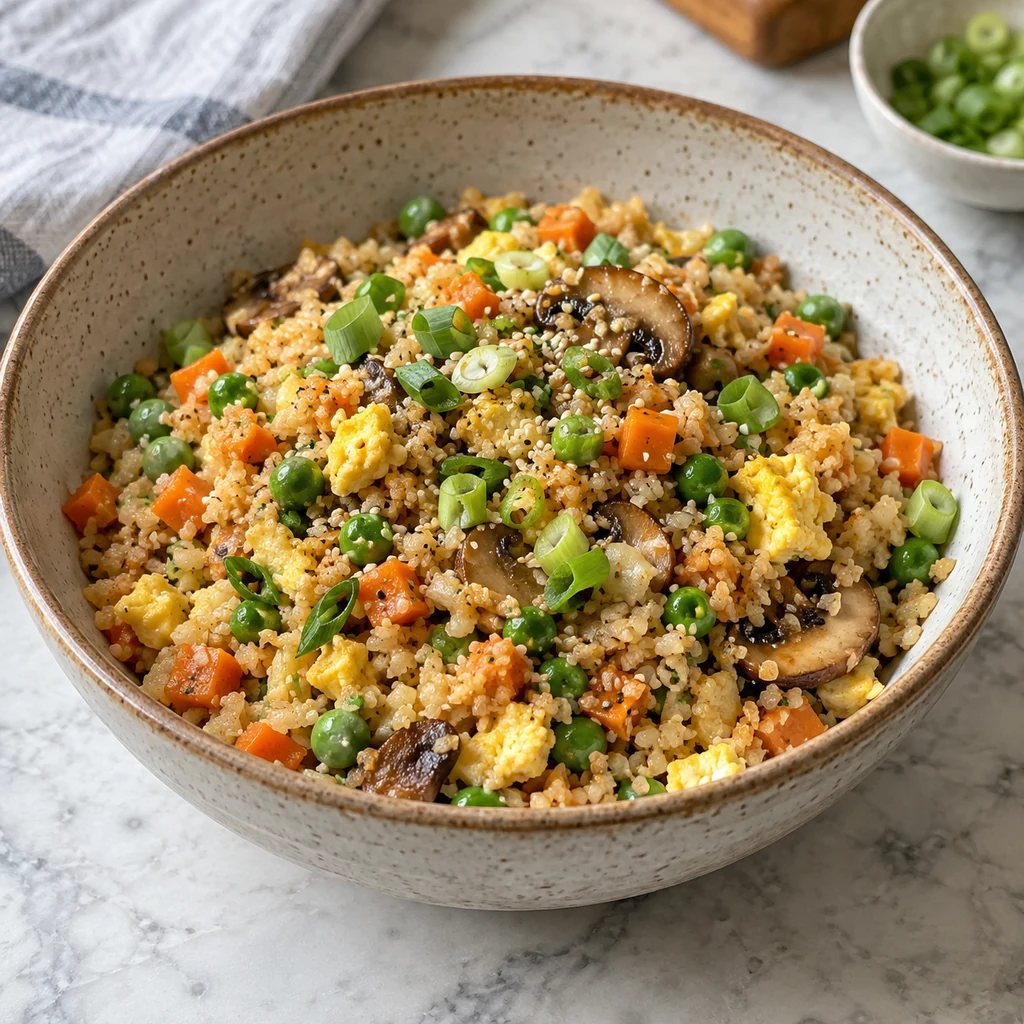 Cauliflower fried rice with egg, carrots, peas, mushrooms, and scallions
