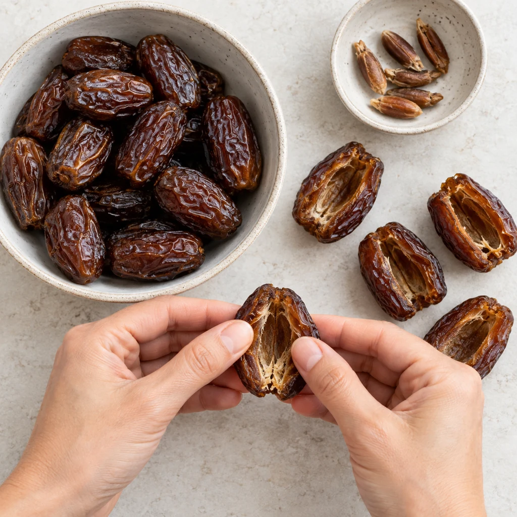 Soft Medjool dates opened and checked to ensure every pit has been removed