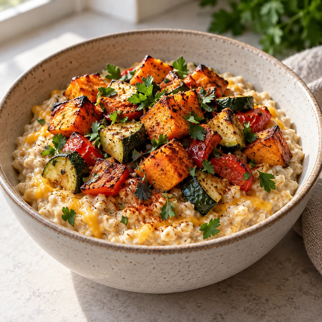 Creamy cheddar oatmeal topped with roasted sweet potato, zucchini, bell pepper, and herbs