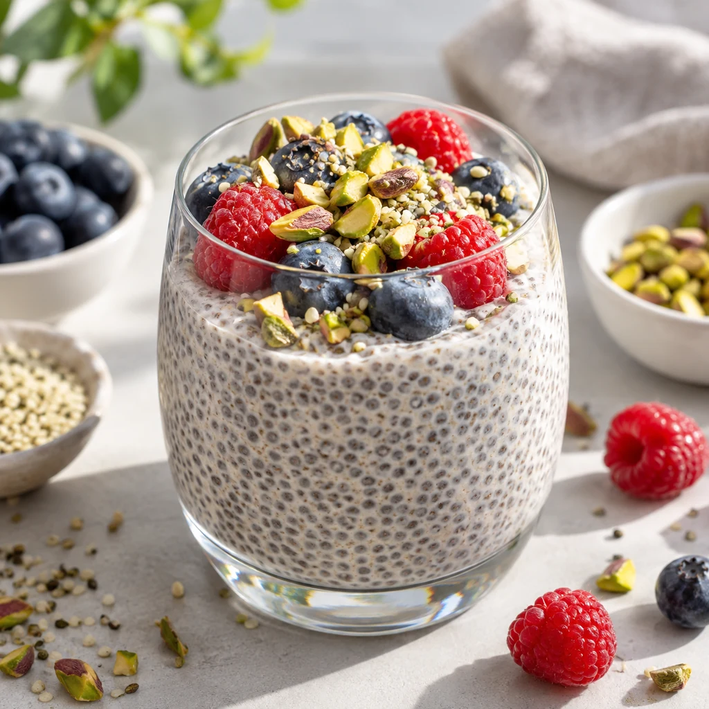 Chia pudding topped with berries, hemp seeds, and pistachios.