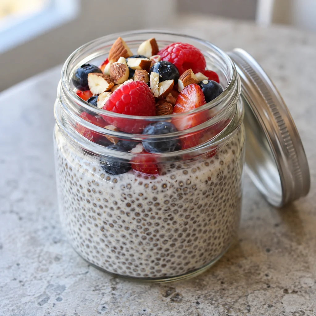 Chia seed pudding with berries and chopped nuts in a jar