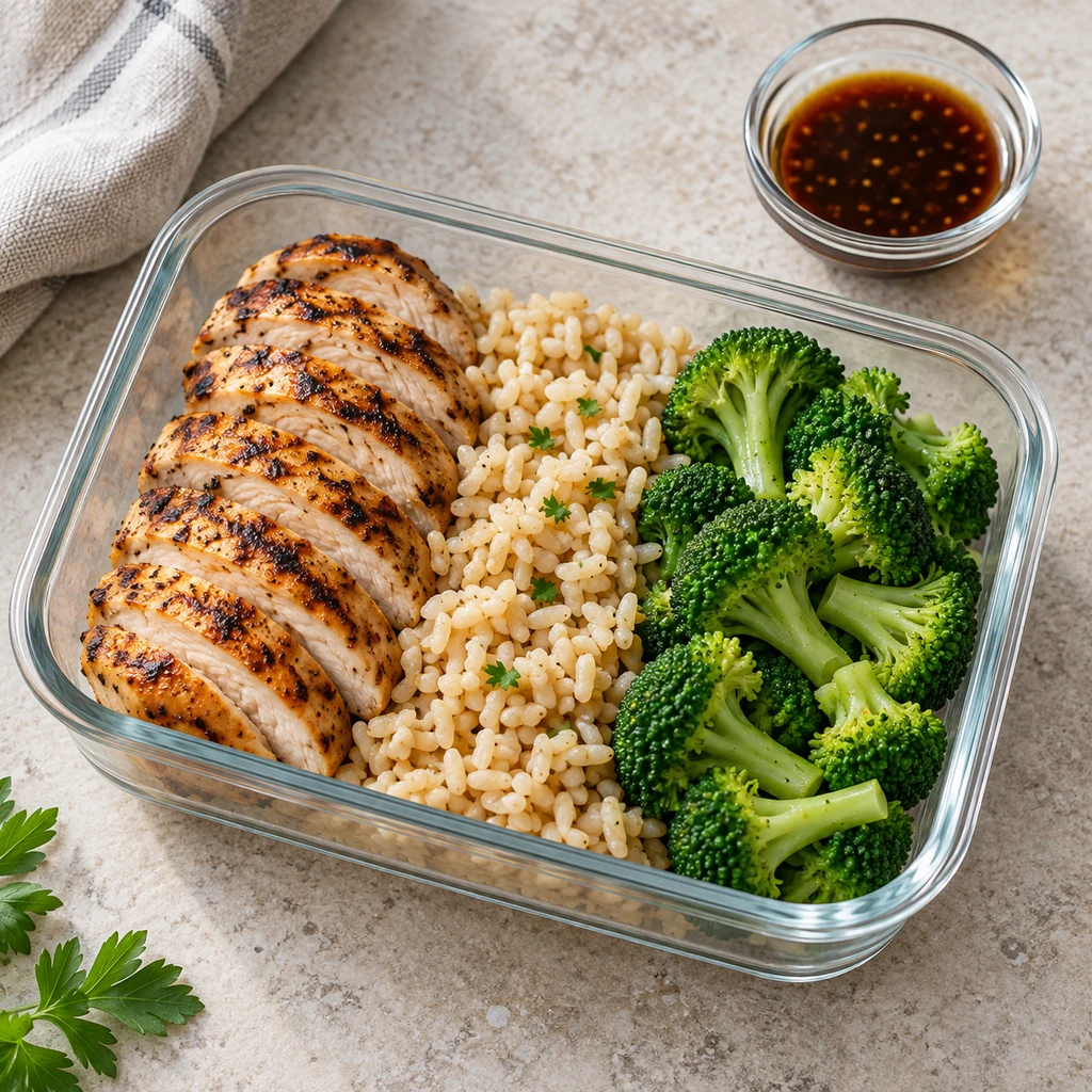 Gluten-free grilled chicken meal prep with brown rice, broccoli, and tamari dressing