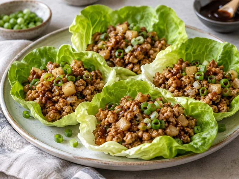 Finished chicken lettuce wraps with water chestnuts and green onions