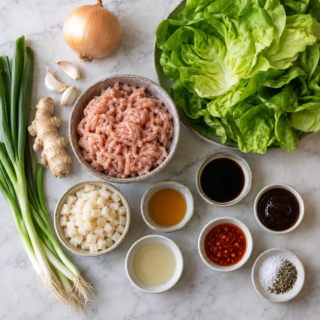 Ground chicken, butter lettuce, aromatics, sauces and water chestnuts for chicken lettuce wraps