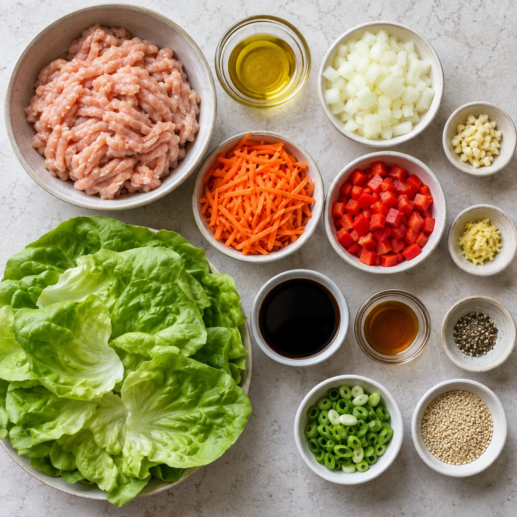 Ground chicken, butter lettuce, vegetables, aromatics, soy sauce, and sesame toppings