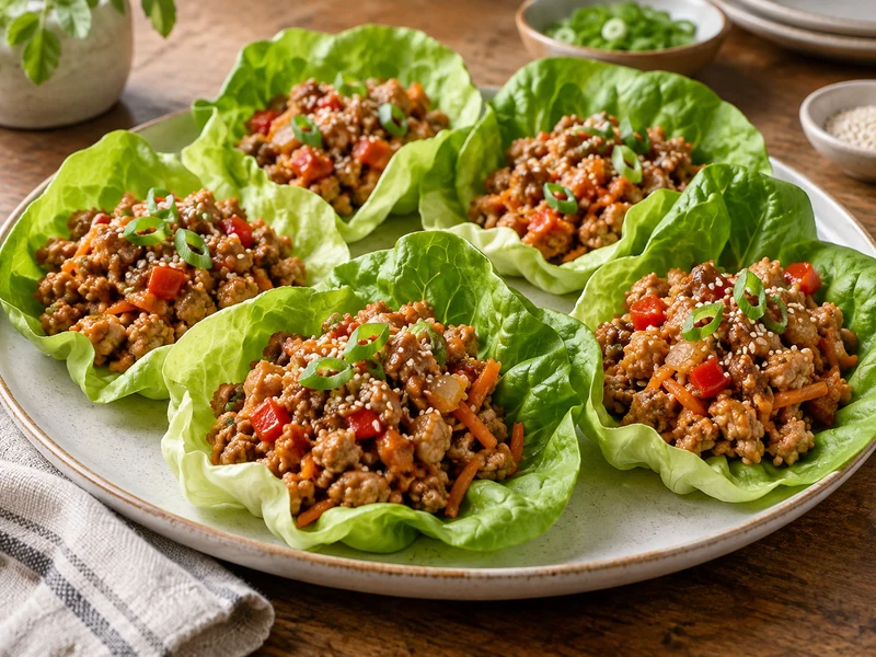 Chicken and vegetable filling served in crisp butter lettuce cups