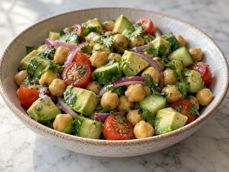 Finished chickpea salad with avocado, cucumber, tomato, red onion, cilantro and lime dressing