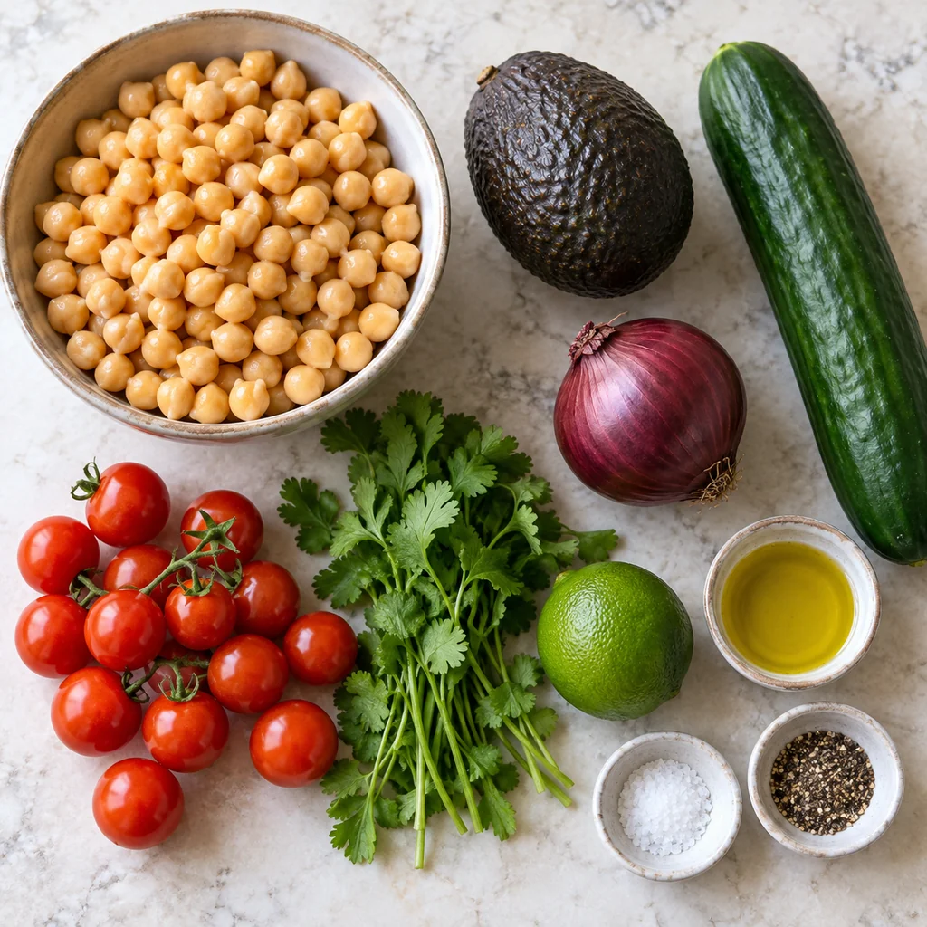 Chickpeas, avocado, cucumber, red onion, cherry tomatoes, cilantro, lime, olive oil, salt and pepper