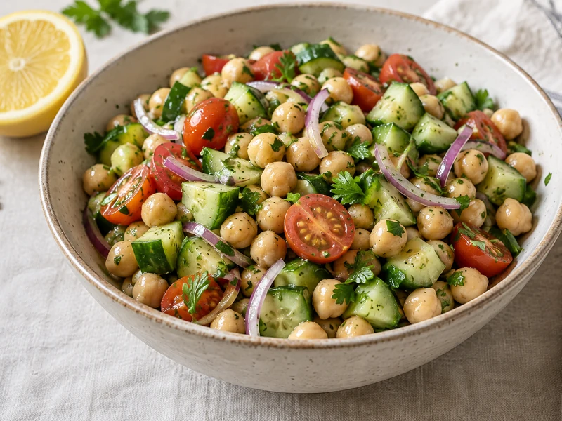 Finished chickpea salad with cucumber, red onion, cherry tomatoes, parsley, and lemon dressing