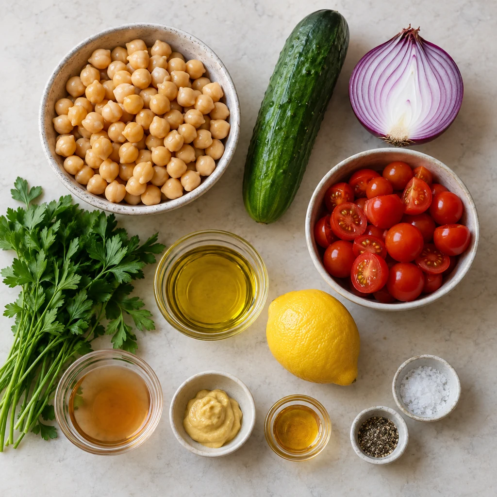Chickpeas, cucumber, red onion, cherry tomatoes, parsley, olive oil, lemon, vinegar, Dijon mustard, honey, salt, and pepper