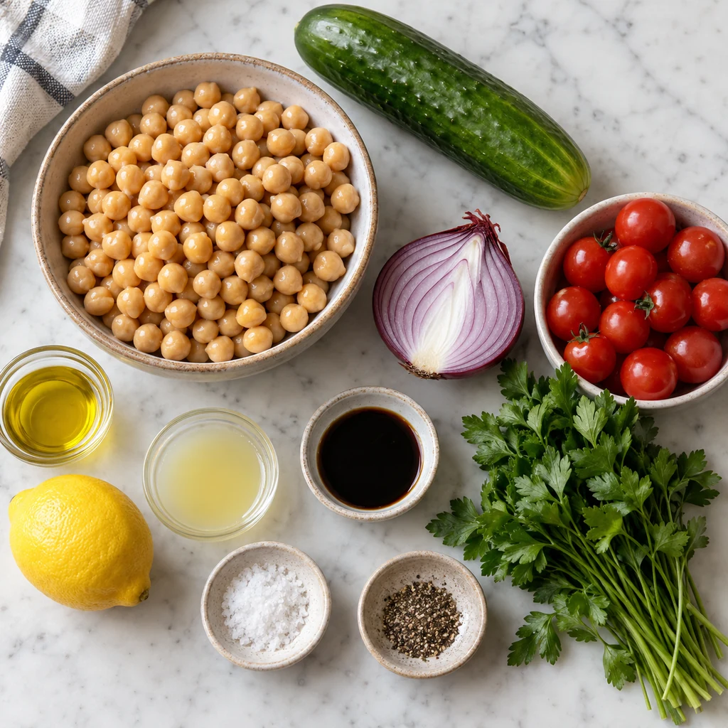 Chickpeas, cucumber, red onion, cherry tomatoes, parsley, olive oil, lemon, balsamic vinegar, salt, and pepper arranged for salad
