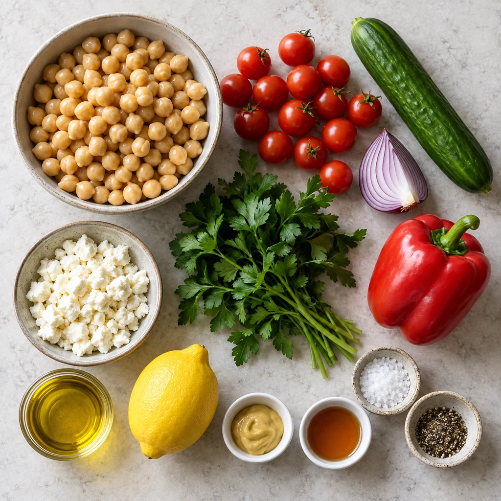 Chickpeas, vegetables, feta, lemon, olive oil, Dijon mustard, maple syrup, salt, and pepper arranged for chickpea salad