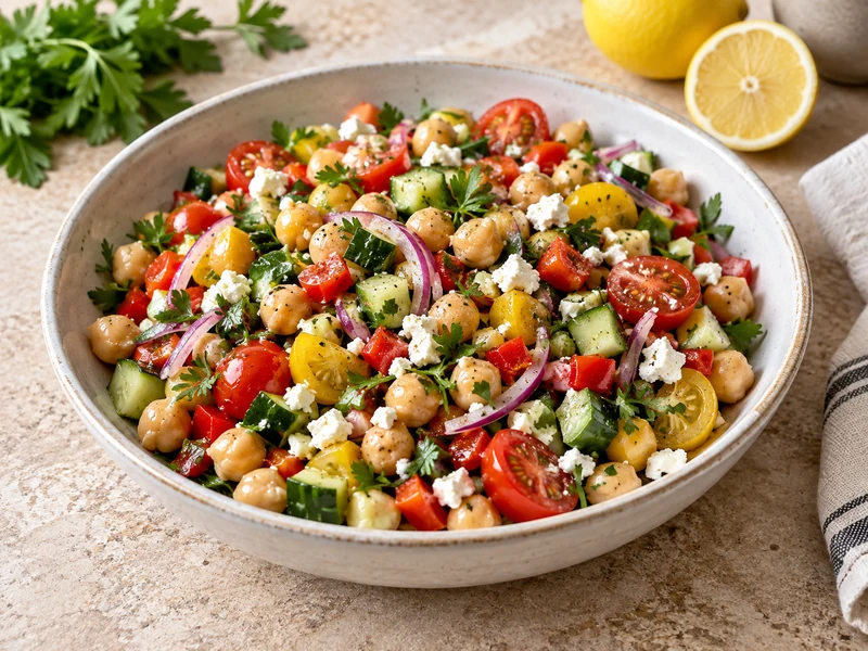 Chickpea salad with lemon dressing, tomatoes, cucumber, red pepper, red onion, parsley, and feta.