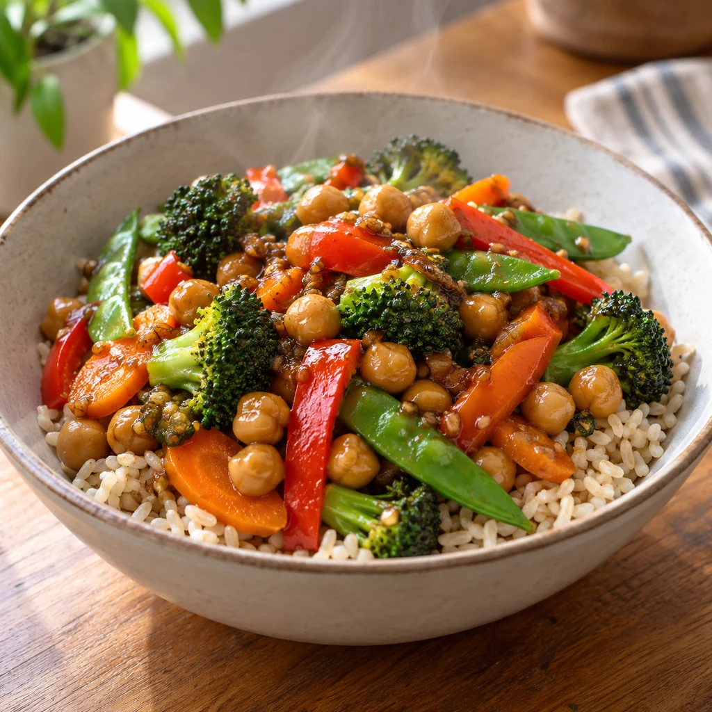 Chickpea vegetable stir-fry with broccoli, peppers, carrots, snap peas, and brown rice