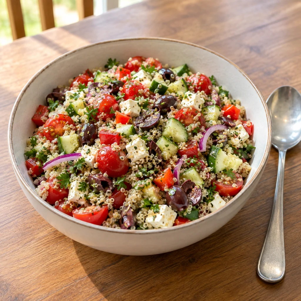 Finished chilled quinoa salad with feta and vegetables ready to serve