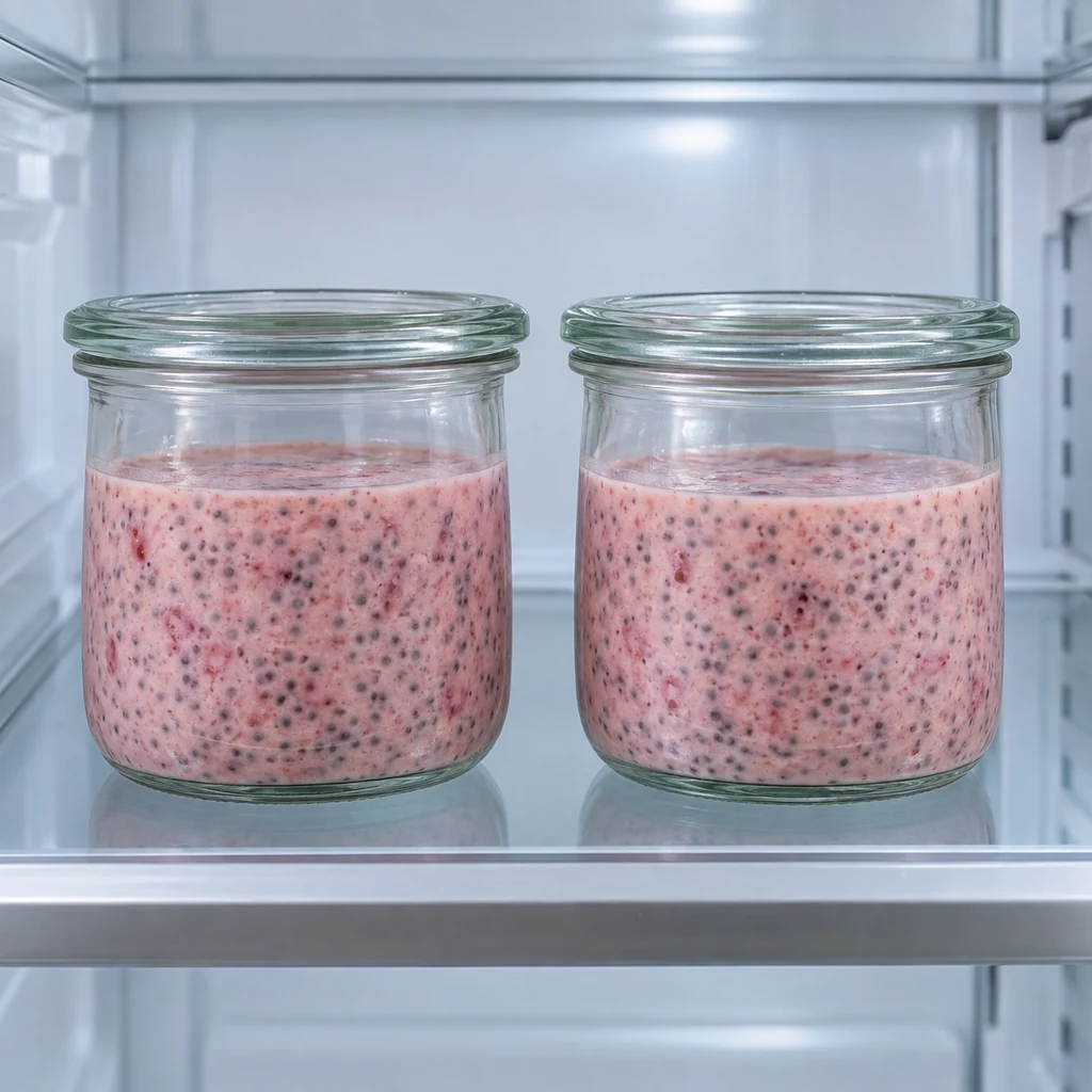Covered jars of strawberry chia pudding thickening in the refrigerator