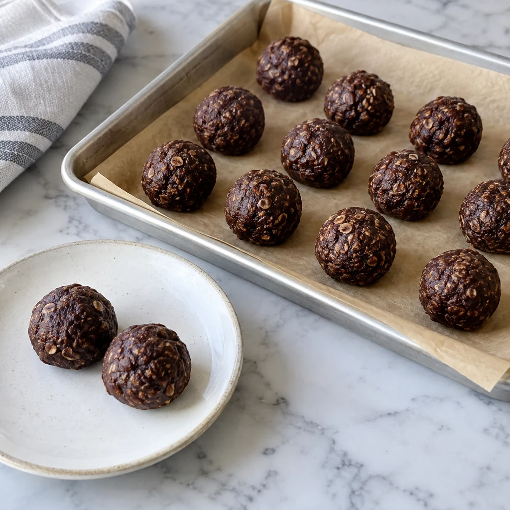 Set dark chocolate date and oat bites on a parchment-lined tray after chilling