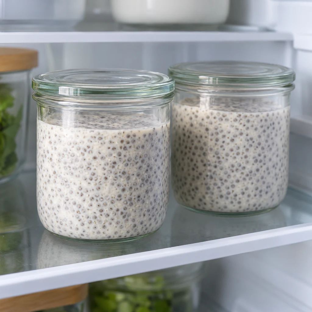 Two covered jars of thick coconut chia pudding chilling on a refrigerator shelf