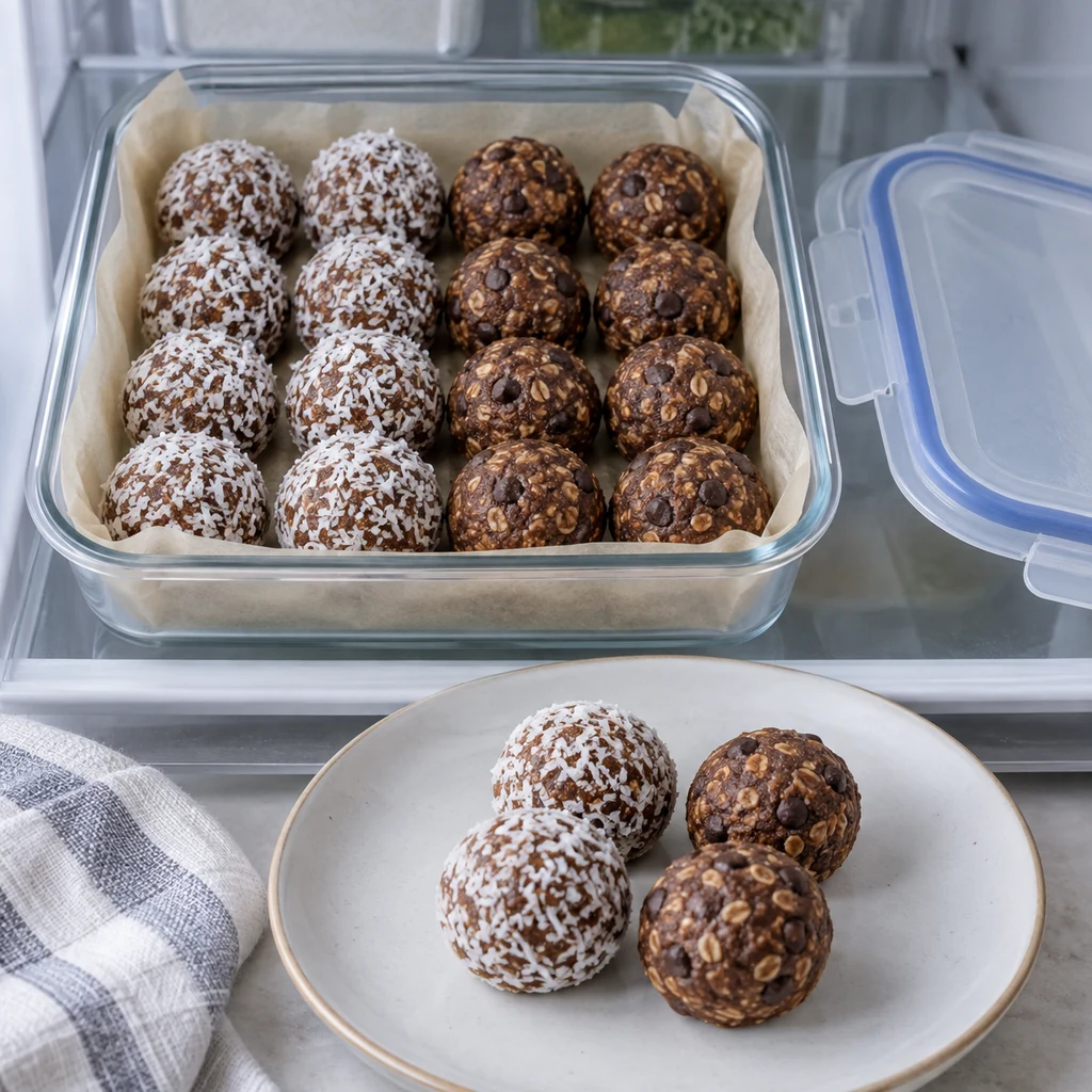 Coconut-coated and plain chocolate energy balls chilling in a covered refrigerator container