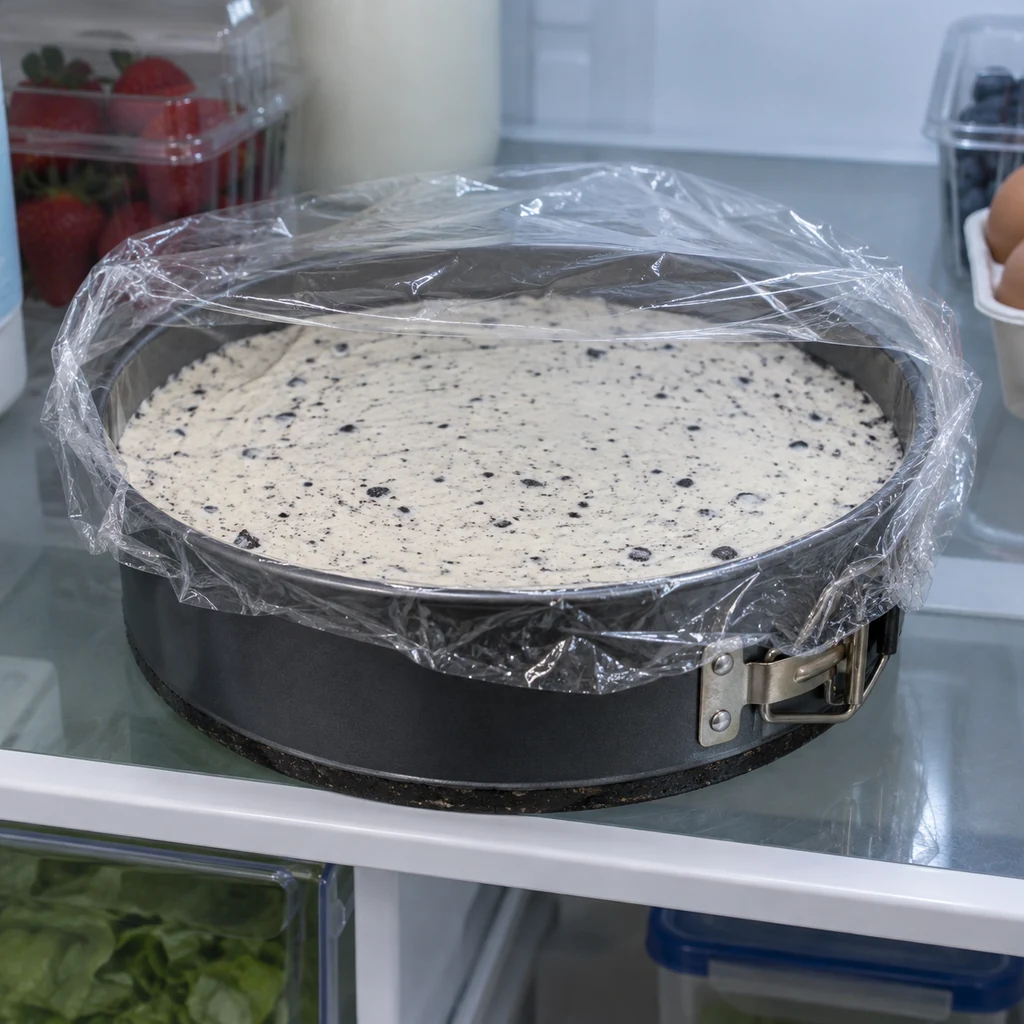 Unbaked Oreo cheesecake in a springform pan loosely covered on a refrigerator shelf