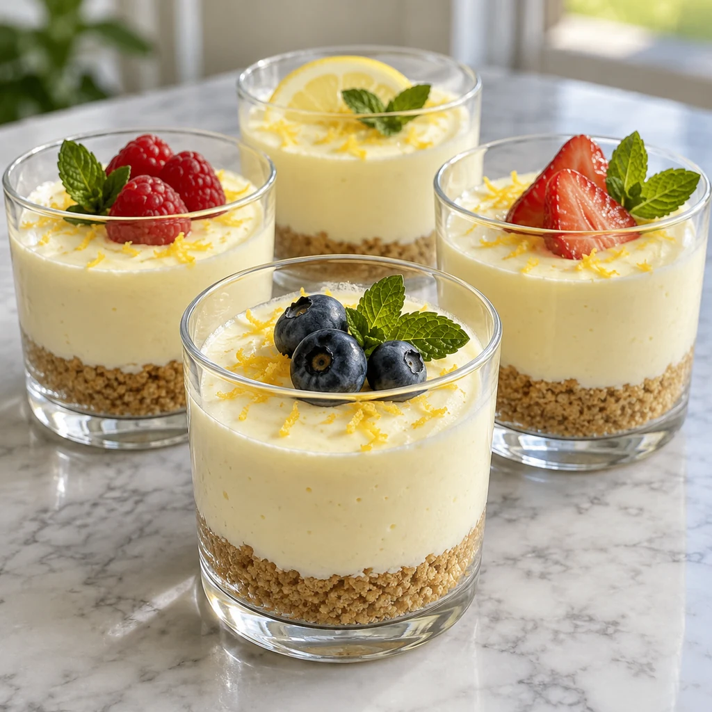 Finished chilled lemon cheesecake cups with berries and mint on top