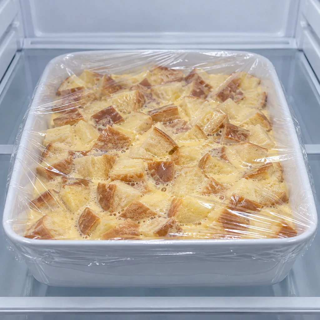 Custard-soaked brioche covered in a baking dish on a refrigerator shelf