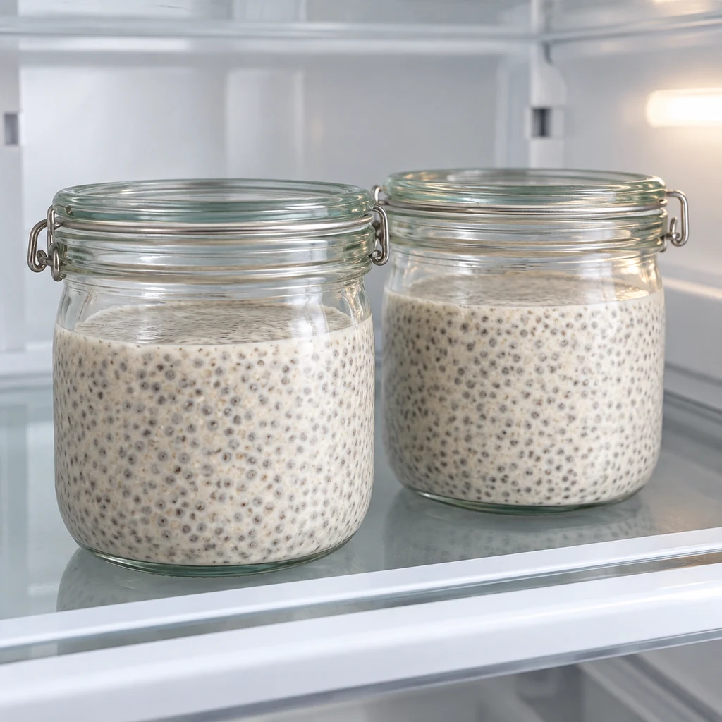 Two covered jars of summer berry chia pudding base chilling in a refrigerator