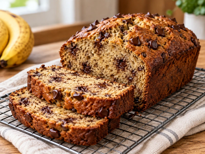 Sliced chocolate chip banana bread loaf cooling on a wire rack
