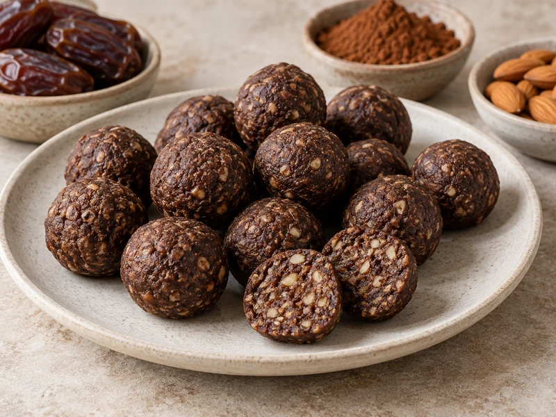 Three-ingredient chocolate energy bites made with dates, almonds, and cocoa.