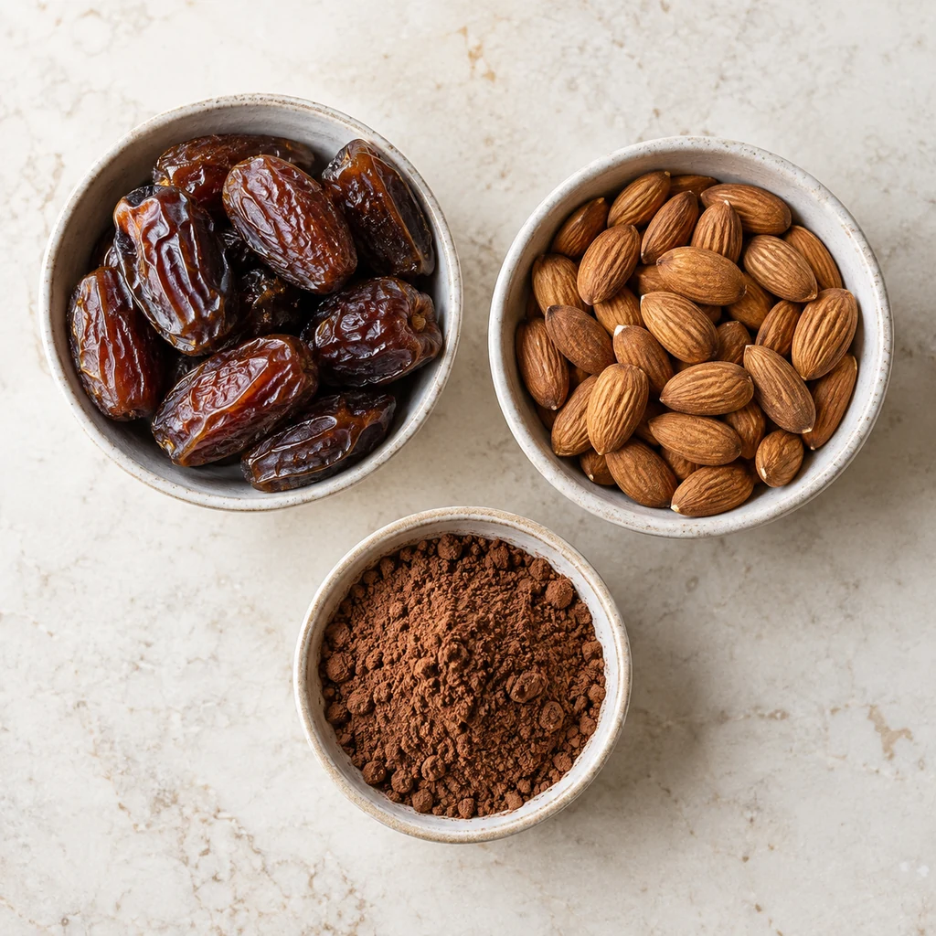 Medjool dates, raw almonds, and unsweetened cocoa powder in three bowls