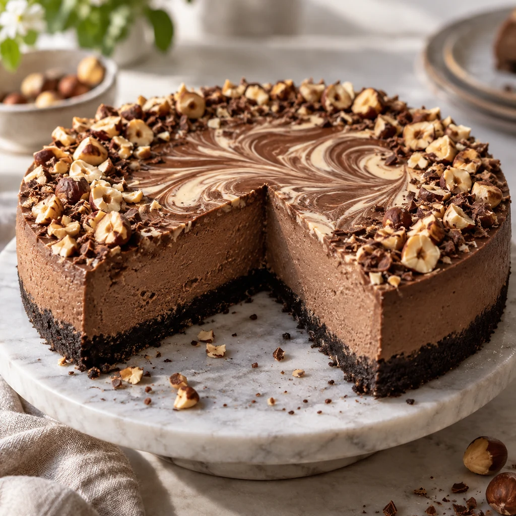 Chocolate hazelnut no-bake cheesecake with toasted hazelnuts