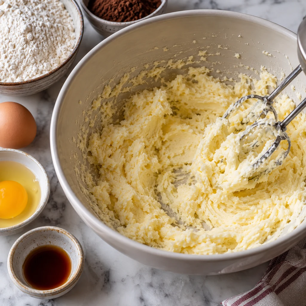 Butter and sugar creamed until pale and fluffy for chocolate heart cookies
