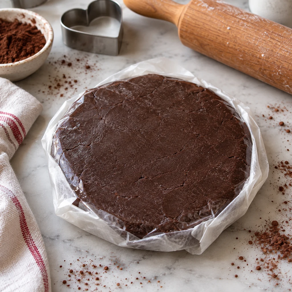 Chocolate cookie dough shaped into a disc and wrapped for chilling