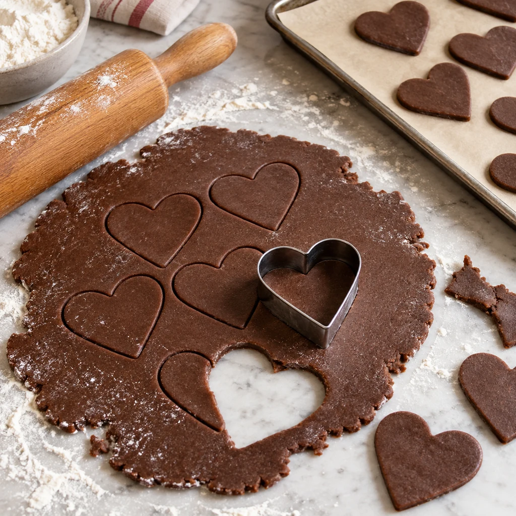 Chocolate cookie dough rolled out and cut into heart shapes