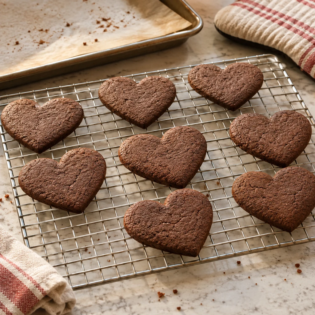 Baked chocolate heart cookies cooling on a wire rack