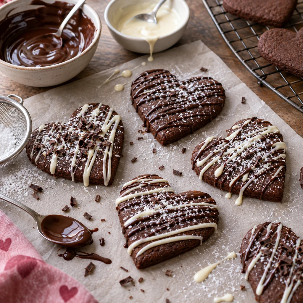 Chocolate heart cookies decorated with dark and white chocolate drizzle