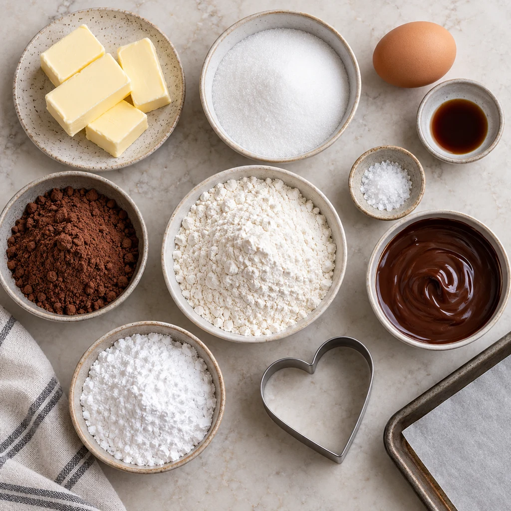 Ingredients for chocolate heart cookies arranged before baking