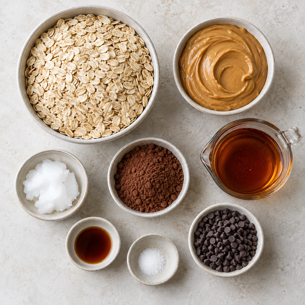 Rolled oats, peanut butter, maple syrup, cocoa, coconut oil, vanilla, salt, and chocolate chips for oat bars